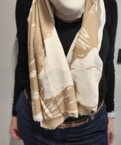 Πασμίνα Μαλλί Βισκόζη Γαλλική Artistic Flower καφέ λευκό