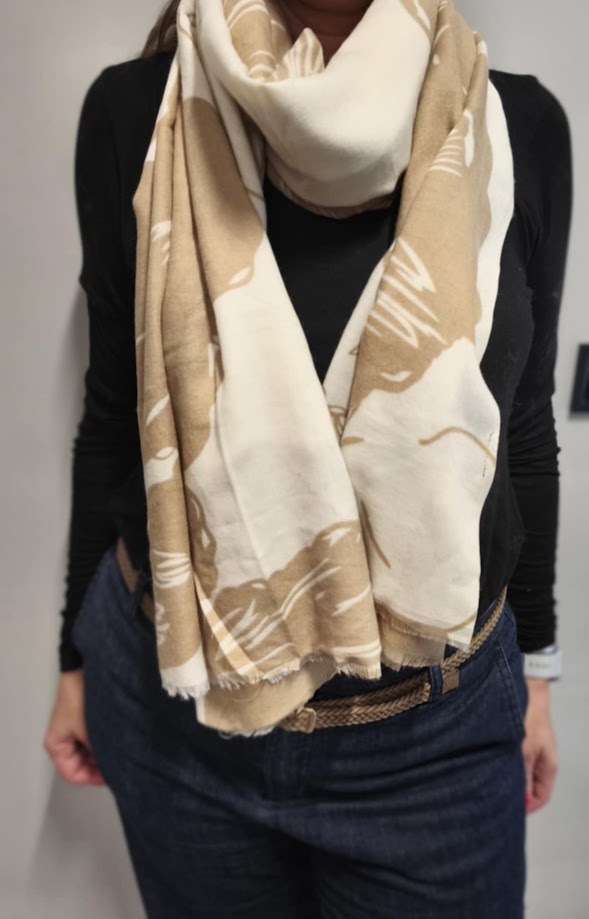 Πασμίνα Μαλλί Βισκόζη Γαλλική Artistic Flower καφέ λευκό