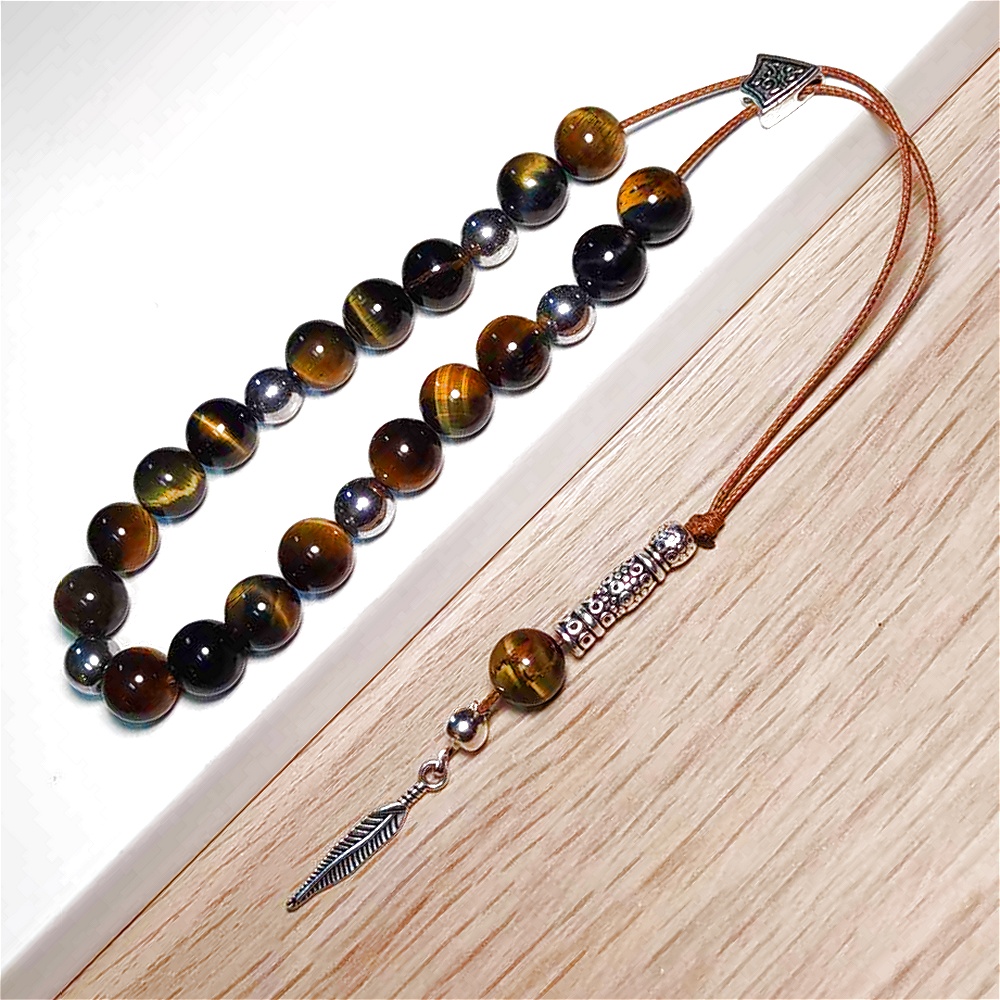 Κομπολόι ημιπολύτιμων λίθων Μάτι τίγρης και Αιματίτη με 23 χάντρες