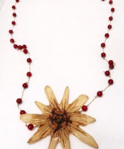 Κολιε Πασιφλώρα, ατσάλινη επιχρυσωμένη αλυσίδα με ημιπολύτιμες χάντρες κόκκινο jade